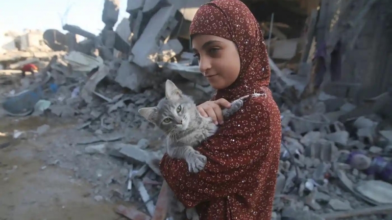 Fotografia dimineții - O tânără din Gaza și-a recuperat pisica dintre dărâmăturile clădirilor distruse după atacurile aeriene israeliene în Rafah, în sudul Fâșiei Gaza